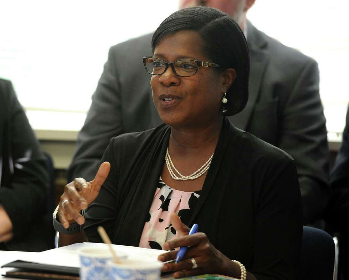 Miriam Delphin-Rittmon, Department of Mental Health & Addiction Services commissioner, speaks at a roundtable discussion at the Kinsella Treatment Center in Bridgeport, Conn. in 2018.