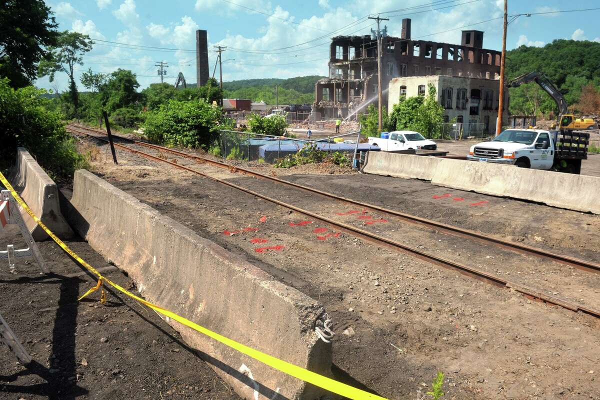 The view looking towards the former Star Pin factory from the long-blocked Wooster Street North railroad crossing in Shelton, Conn. June 22, 2020.