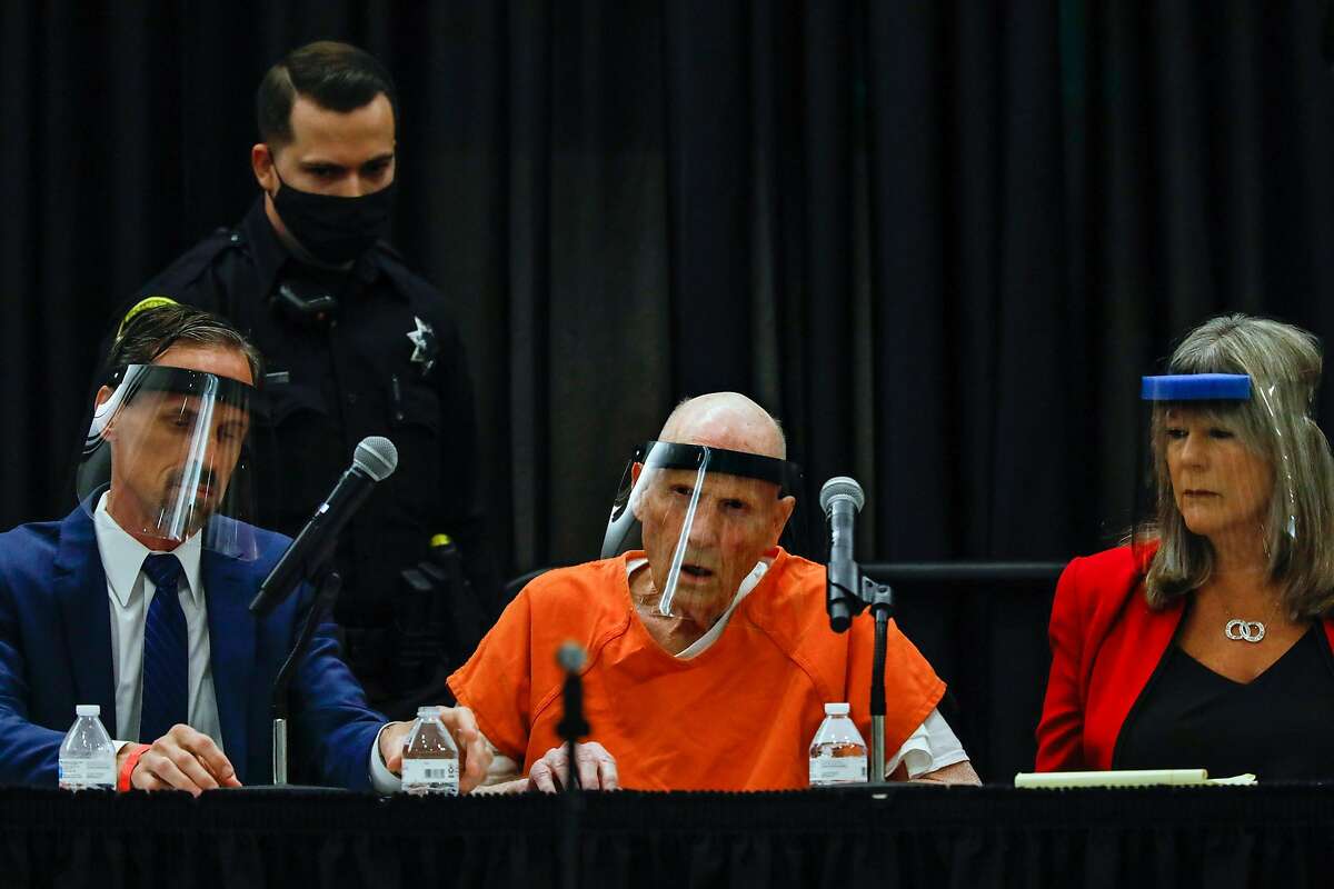 Joseph DeAngelo (center) listens during the start of court proceedings where he is expected to plead guilty for crimes linked to the Golden State Killer, June 29, 2020 in Sacramento.