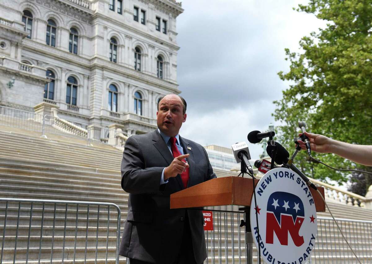 New York Republican Chairman Nick Langworthy believes Gov. Andrew Cuomo?•s executive powers have been allowed to run unchecked during the state's coronavirus response, as he called on legislators to convene in session on Monday, June 29, 2020, during a press conference outside the Capitol in Albany, N.Y. (Will Waldron/Times Union)