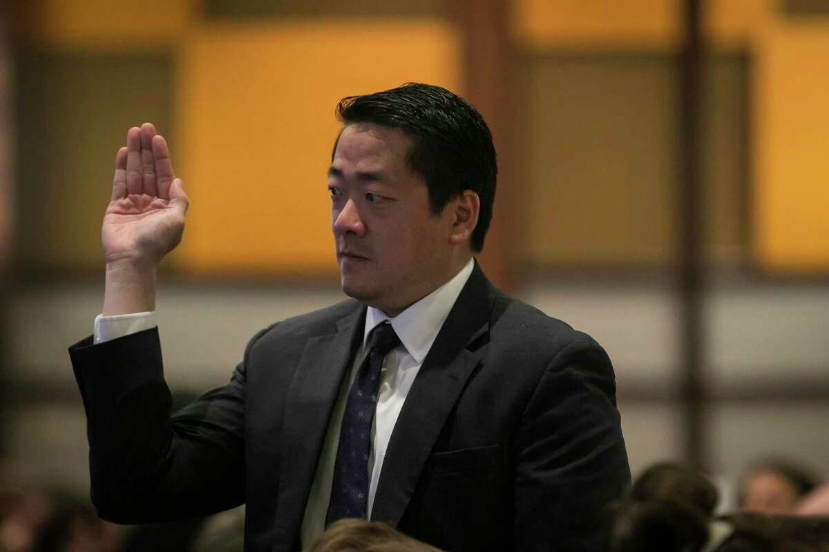 Texas Houston Representative Gene Wu waves as he is introduced during Harris County Judge Lina Hidalgo's annual State of the County address on Friday, Nov. 15, 2019, in downtown Houston.