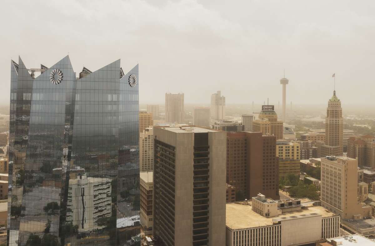 After spending days looming over Texas and the rest of the south, the massive Saharan dust plume is heading out, but not before a San Antonio photographer was able to document the rare visit over downtown in an aerial video.
