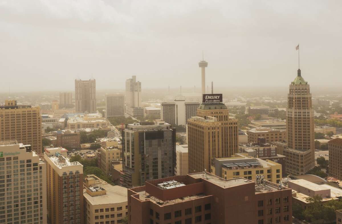 After spending days looming over Texas and the rest of the south, the massive Saharan dust plume is heading out, but not before a San Antonio photographer was able to document the rare visit over downtown in a birds-eye video.