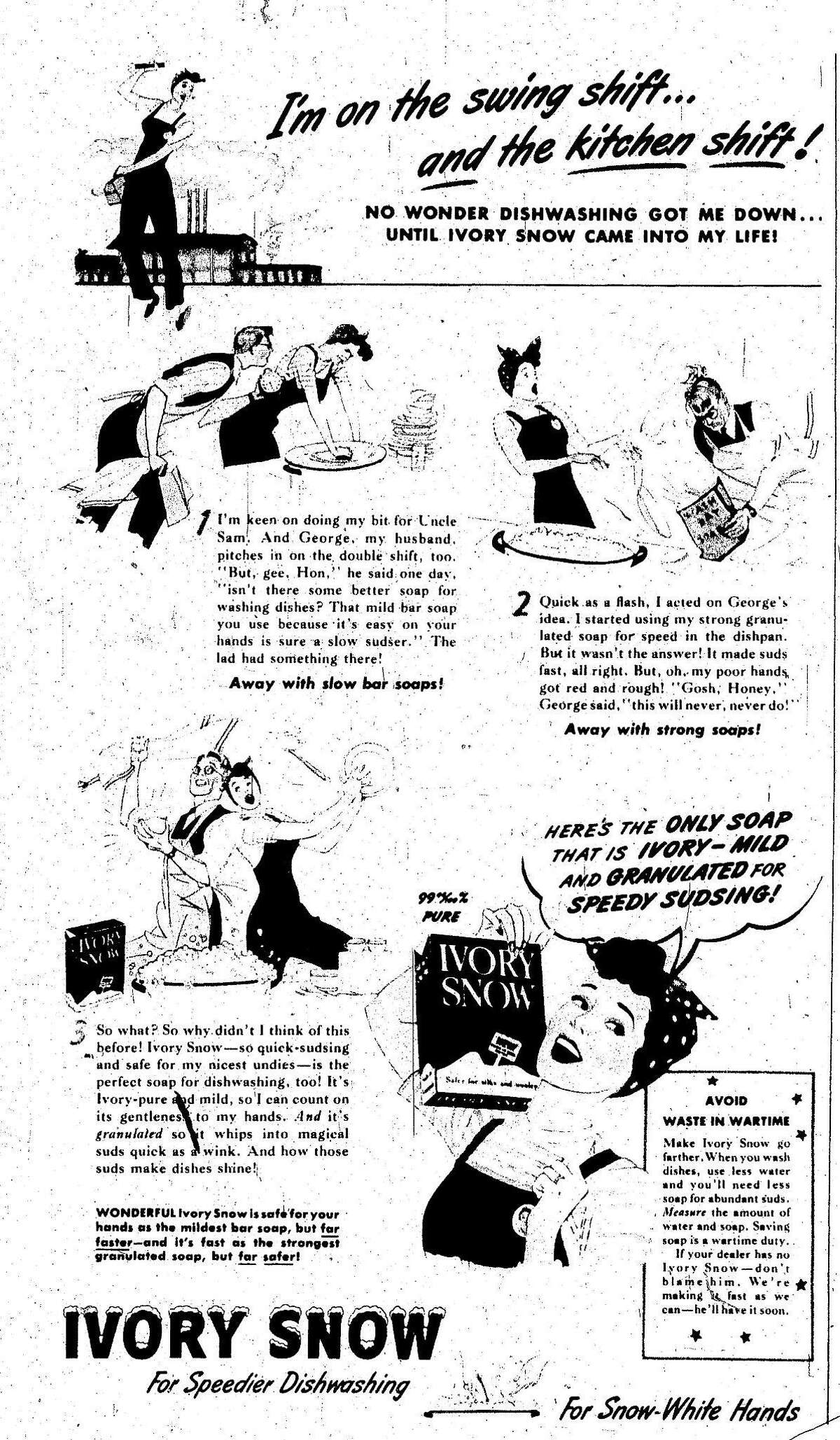 20世纪40年代的广告。1943年1月23日，象牙雪编年史展示广告