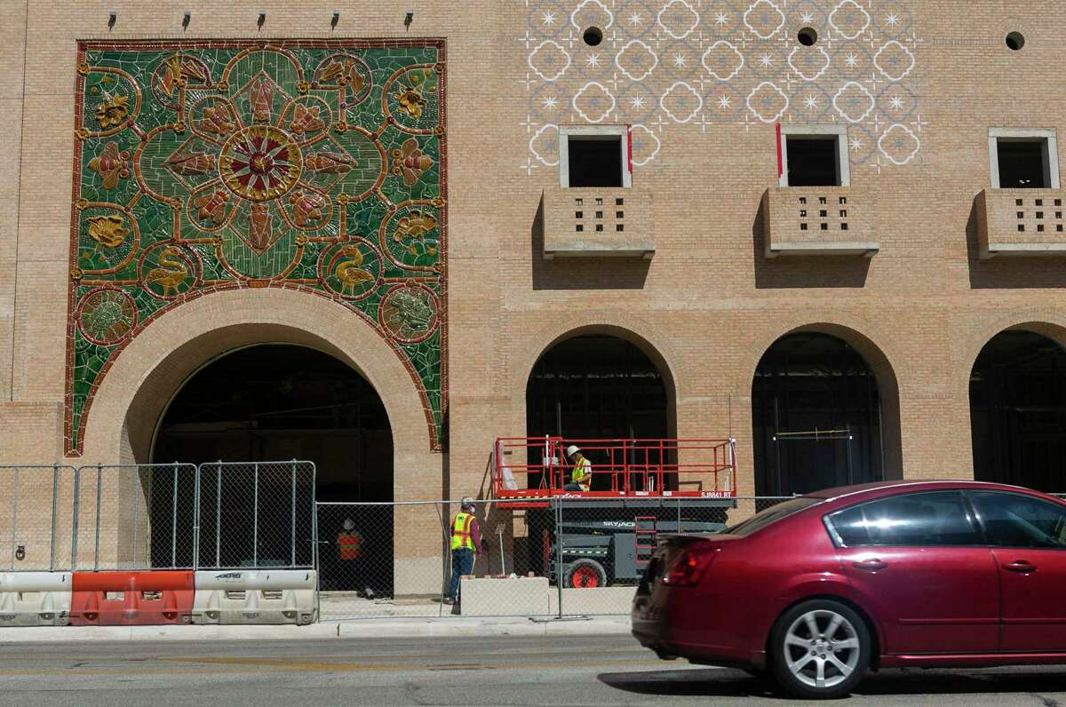 Artist Diana Kersey's ceramic mural on display on the Broadway Office Towers under construction in San Antonio, Texas on June 24, 2020.