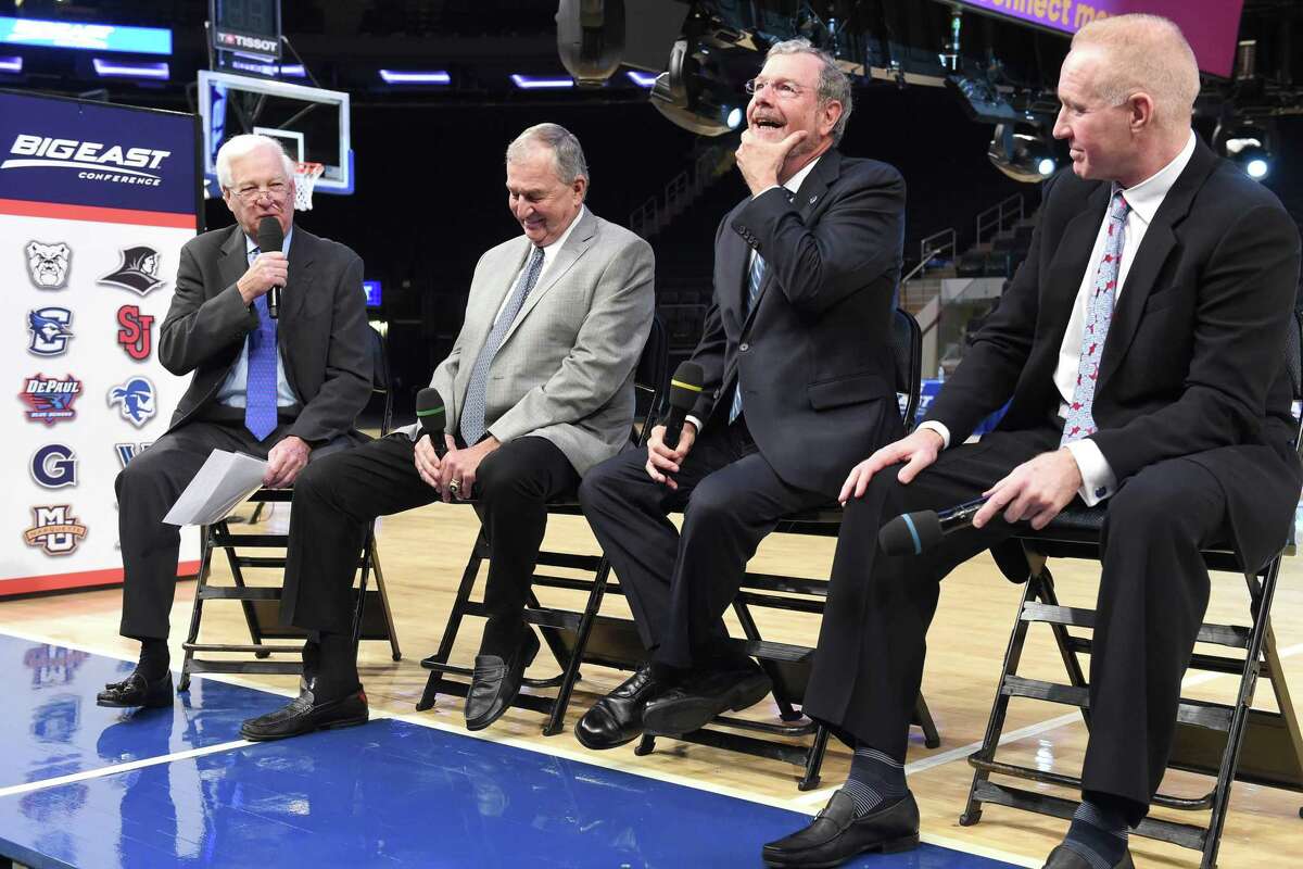 NEW YORK, NY - OCTOBER 11: From left, Fox Sports analyst Bill Raftery, UConn head coach Jim Calhoun, former Seton Hall and NBA coach P.J. Carlesimo, and St. John's head coach and former player Chris Mullin, discuss memorable moments in Big East games during Big East Basketball Media Day at Madison Square Garden on October 11, 2016 in New York City.. (Photo by Mitchell Layton/Getty Images)