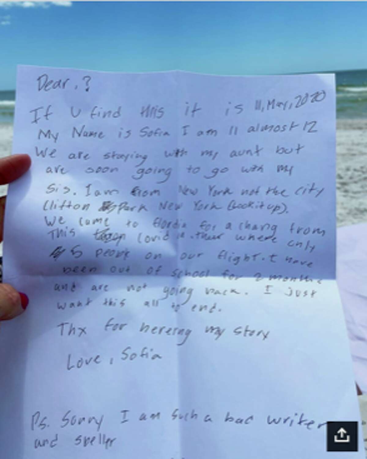 Sofia Wilson wrote this letter that traveled 725 miles from Fort Lauderdale to Holden Beach in North Carolina.