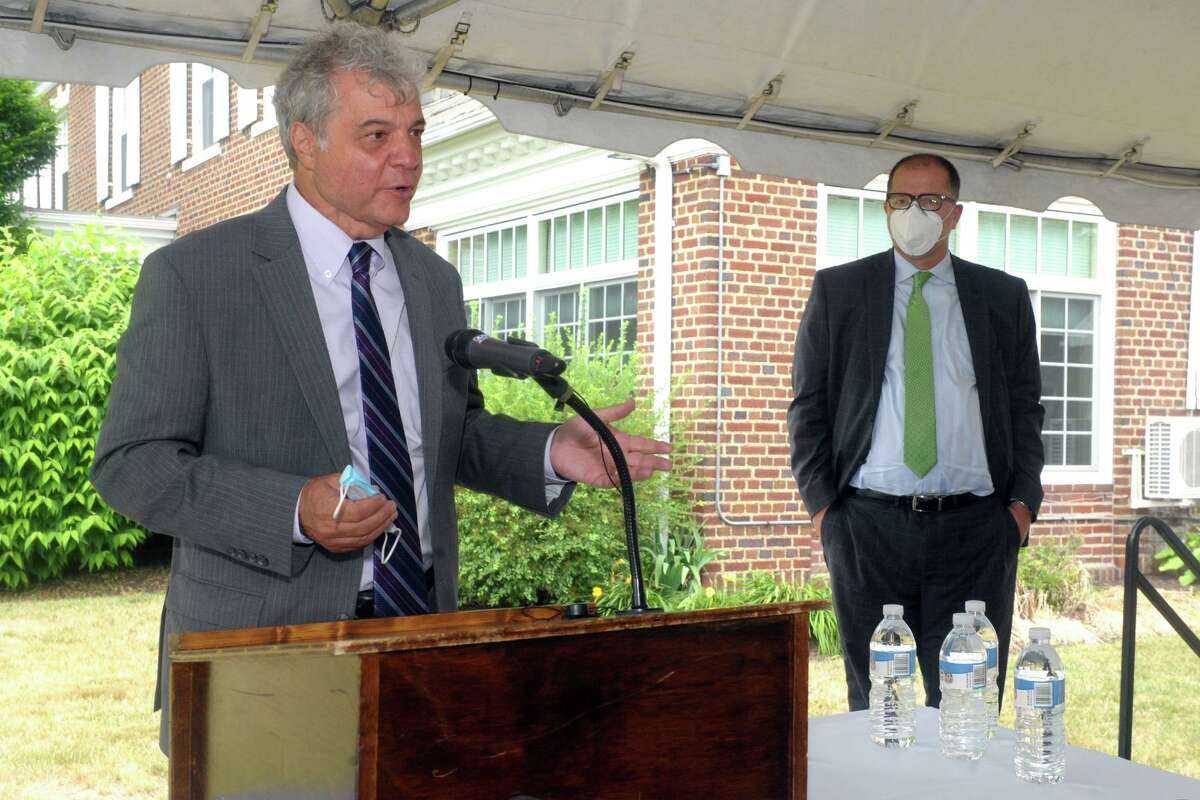 Mark Scheinberg, President of Goodwin University speaks during a news conference on the University of Bridgeport campus, in Bridgeport, Conn. June 30, 2020. Scheinberg is seen here with UB President Stephen Healey.