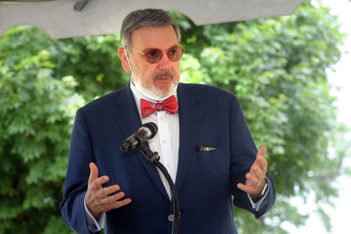 John Petillo, President of Sacred Heart University, speaks during a news conference on the University of Bridgeport campus June 30.