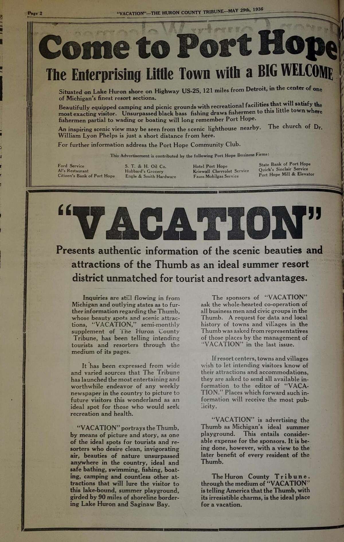 For this week's Tribune Throwback we take a look at the Thumb Traveler from May 29, 1936 and the Huron County Tribune from June 1936.