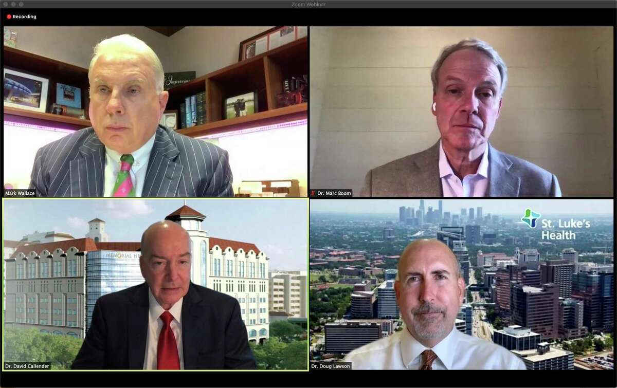 Screenshot of Houston hospital CEOs during a Zoom news conference held to clarify a previous statement about hospital capacity during the June COVID-19 surge, Thursday, June 25, 2020. Clockwise from upper left: Mark A. Wallace, Texas Children’s Hospital; Dr. Marc Boom, Houston Methodist; Dr. Doug Lawson, St. Luke’s Health and Dr. David L. Callender, Memorial Hermann Health System.