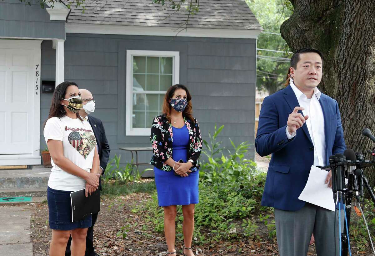 State Rep. Gene Wu and other lawmakers speak to the media to address the HPD Narcotics Division audit, Thursday, July 2, 2020, in Houston, in front of the home where Rhogena Nicholas and Dennis Tuttle, were killed on Harding Street.