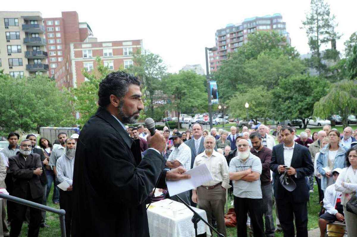 Mongi Dhaouadi of the Connecticut chapter of the Council on American-Islamic Relations addresses the crowd as the InterFaith Council of Southwestern Connecticut hosts a vigil in support of the Islamic community at the First Congregational Church on Walton Place in Stamford, Conn., Tuesday, August 24, 2010. The event featured leaders from the Christian, Jewish and Muslim faiths leading prayers and discussing unity.