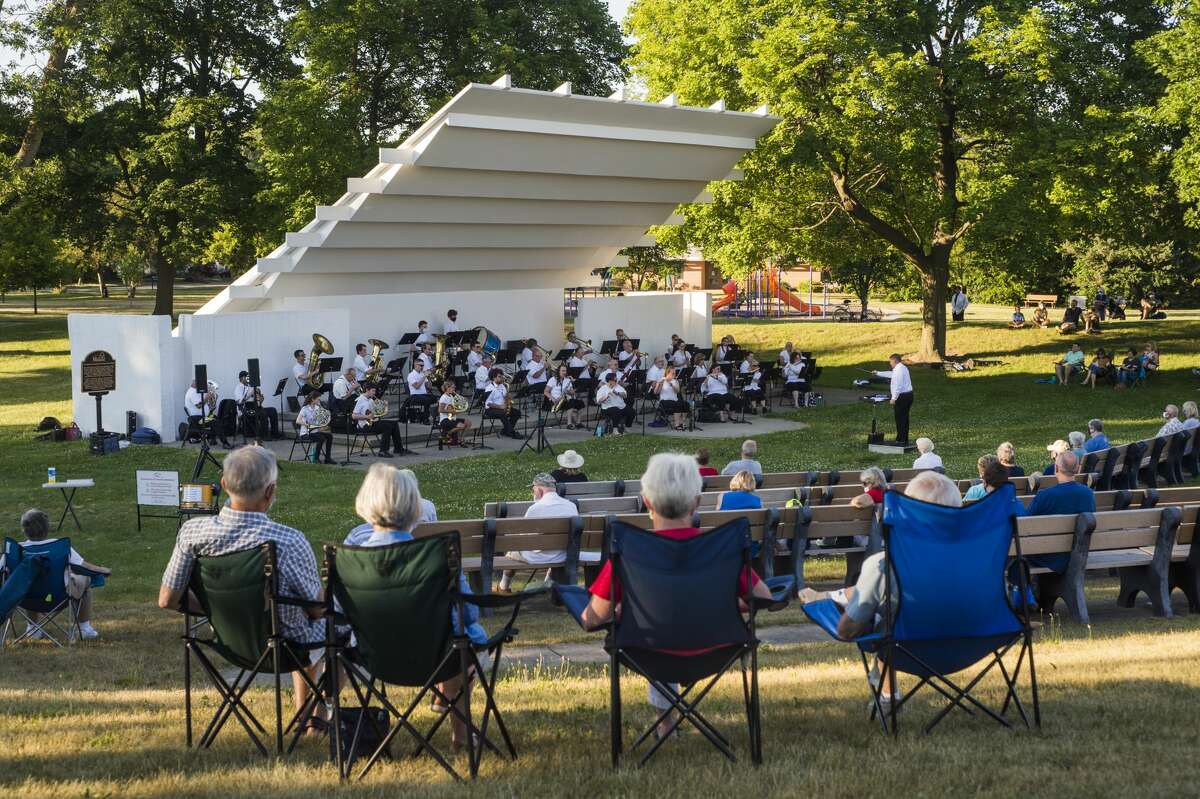 The Chemical City Band performs Wednesday, July 1, 2020 at the Nicholson-Guenther Band Shell in Central Park in Midland. (Katy Kildee/kkildee@mdn.net)