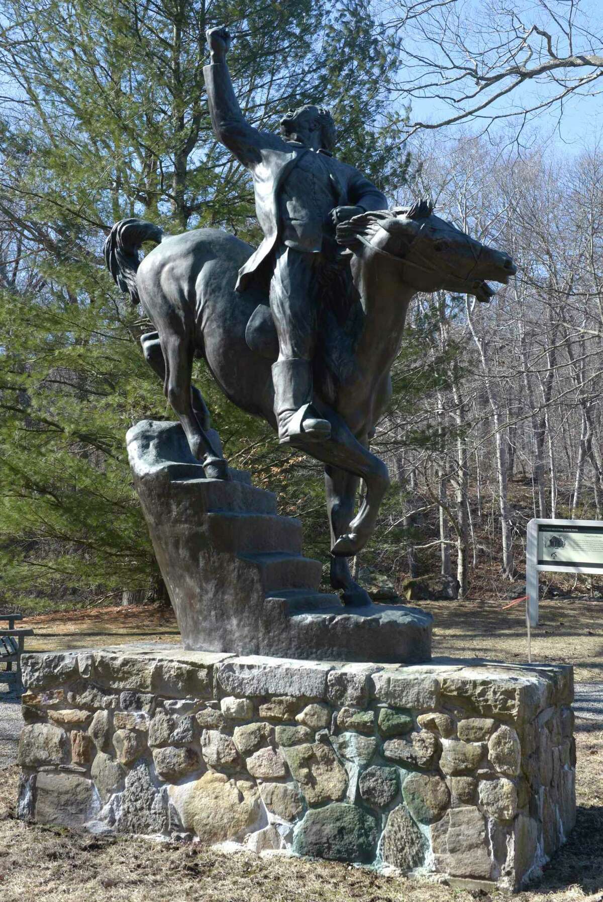 Sculpture of General Israel Putnam, at the entrance to Putnam Memorial Park by the late sculptor Anna Hyatt Huntington. Friday, February 21, 2020, in Redding, Connecticut. It commemorates Putnam's escape from the British in 1779, when he rode down a cliff at Horseneck Heights in Greenwich.