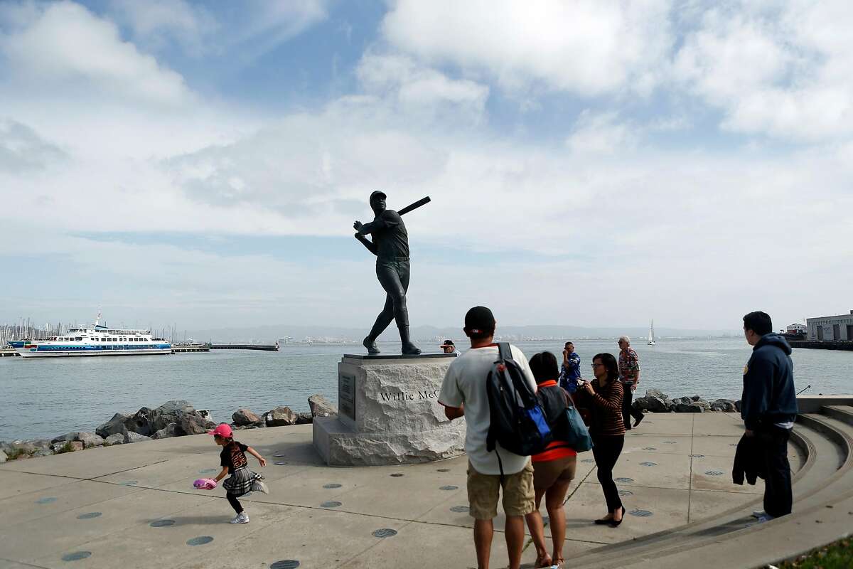 Oracle Park, Giant's Promenade, McCovey Cove, Oakland Bay Bridge & Skyline  view from Willie McCovey Statue