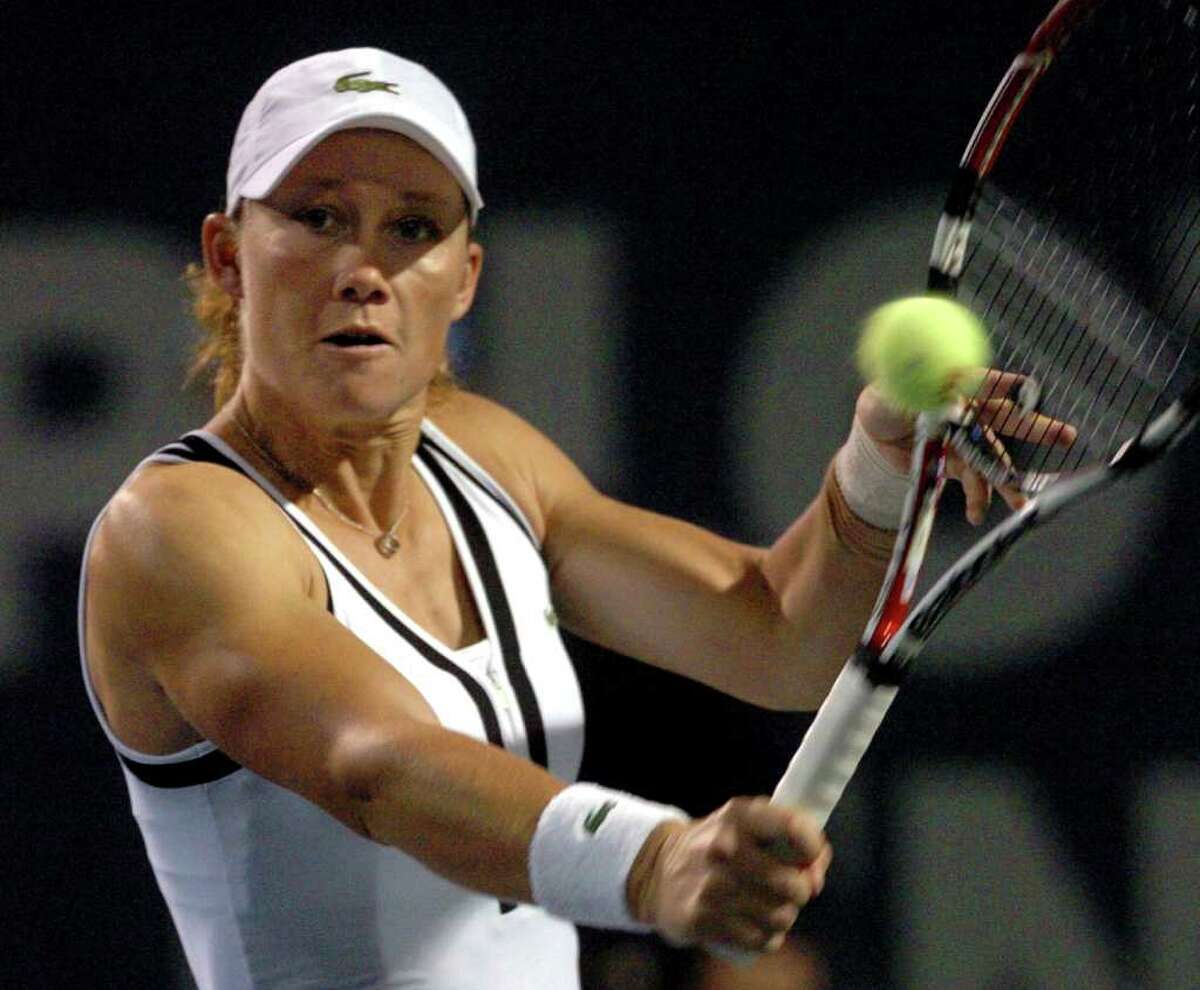 Samantha Stosur returns the ball to her opponent Sara Errani, during the Pilot Pen tennis tournament in New Haven, Conn. on Monday August 23, 2010.
