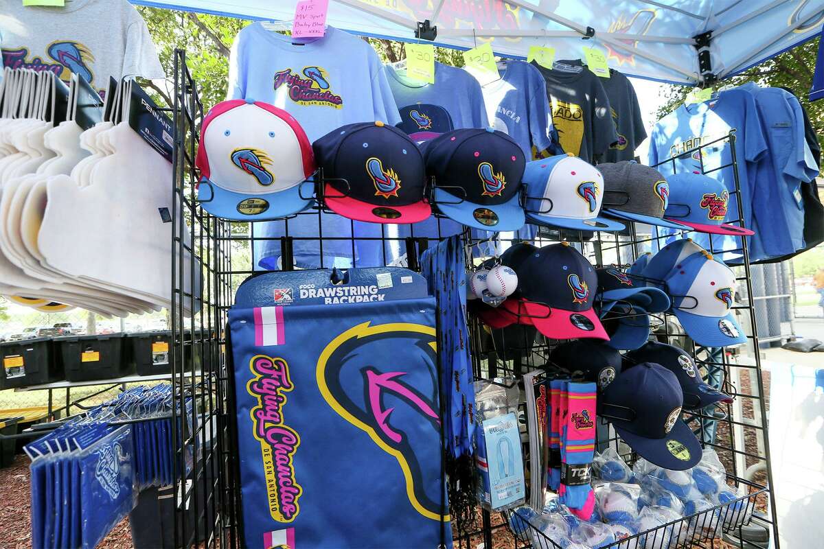 Shirts, caps and other souvenir items for sale at the Flying Chanclas de San Antonio's home opener in the summer Texas Collegiate League against the Acadiana Cane Cutters at Wolff Stadium on Friday, July 3, 2020.