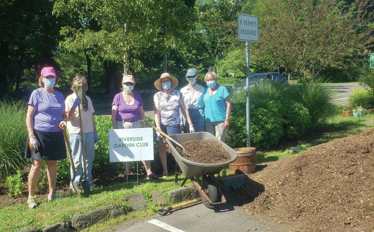 The Riverside Garden Club recently did some summer cleaning and beautification of the gardens it maintains at the Riverside Train Staion. From left, Cindy Lindemeyer, Nancy Dickinson, Madeline De Vries, club co-president, Linda Porter, Nancy Weissler and Jane Harris all were part of the harding work team.