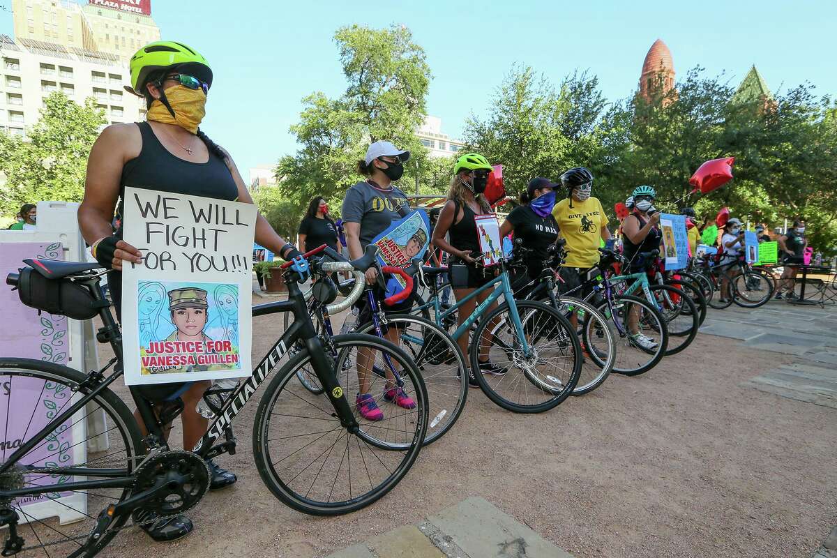 Esther Barrientez and other members of the San Antonio Lady Riders line up in support and call for an investigation into how the Army handled a complaint of harassment before Guillén was killed.