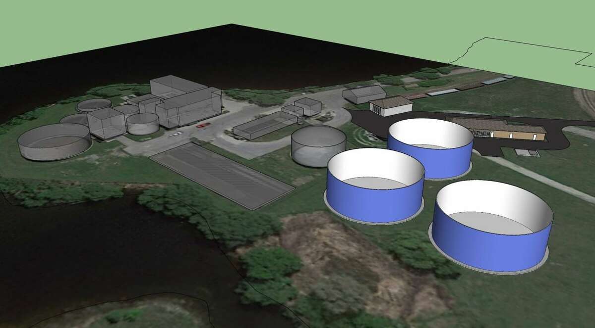 This rendering of the Manistee Wastewater Treatment Plant shows several key areas like the three blue storage tanks that will assist in the removal of overflows into Manistee Lake once the project is complete.