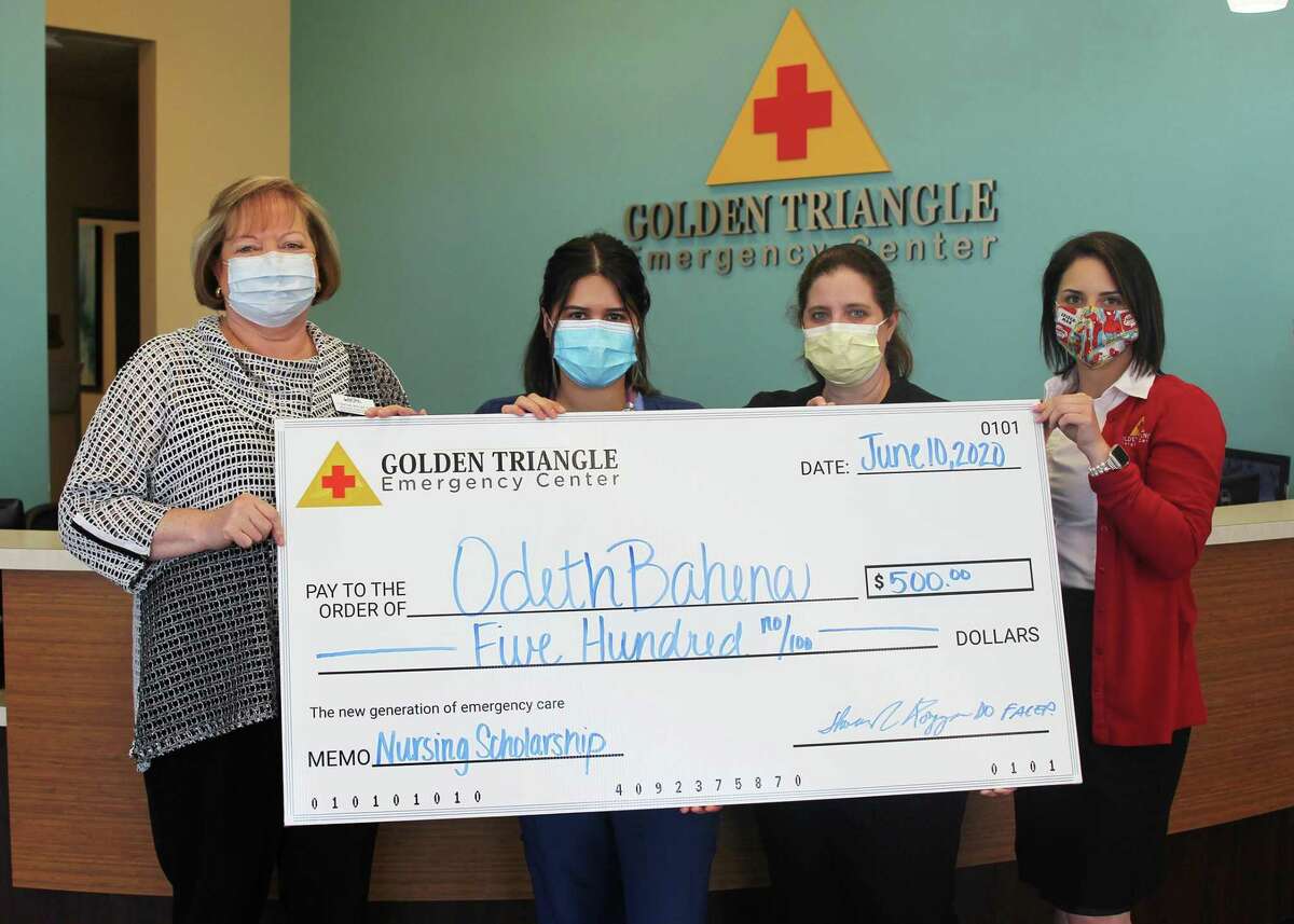 From left: Shirley MacNeil, Chair of Lamar State College Port Arthur-s Allied Health Department; Odetha Bahena, scholarship recipient; Stephanie Massey, Director of Nursing for Golden Triangle Emergency Center; and Breanne Furlough, Marketing Coordinator for Golden Triangle Emergency Center.