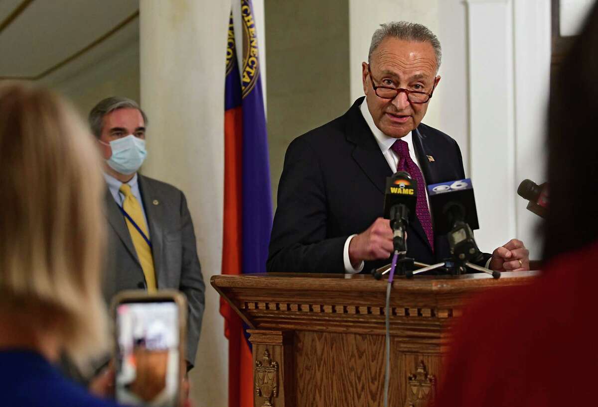 U.S. Senator Charles Schumer holds a press conference in Schenectady City Hall as local governments face uncertain budgets amid crises on Monday, July 6, 2020 in Schenectady, N.Y. Mayor Gary McCarthy listens at left.(Lori Van Buren/Times Union)