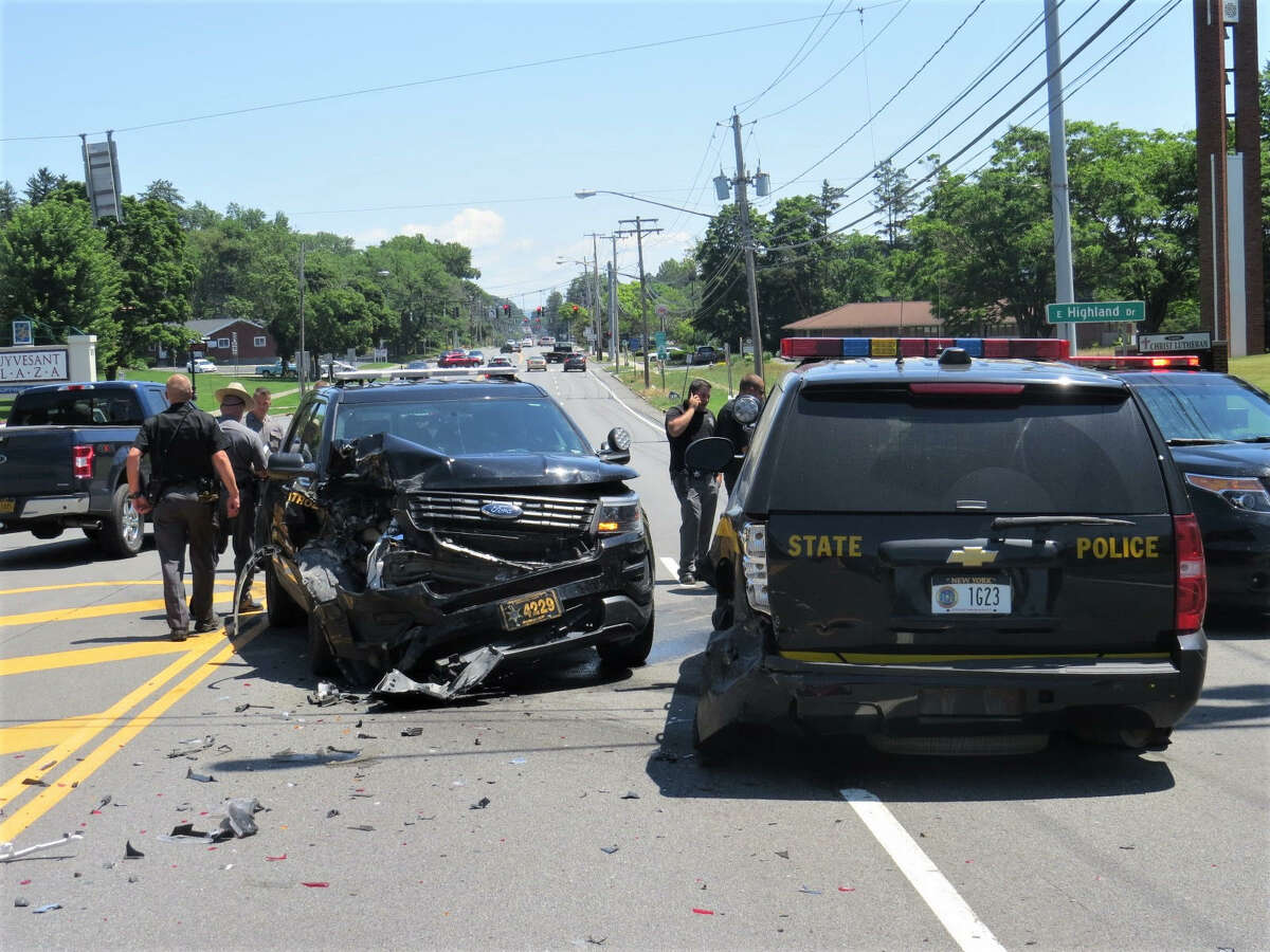 A State Police SUV and an SUV driven by a Rensselaer County sheriff's deputy were damaged in a crash Monday near Stuyvesant Plaza in Guilderland. It does not appear that anyone was badly injured in the crash.