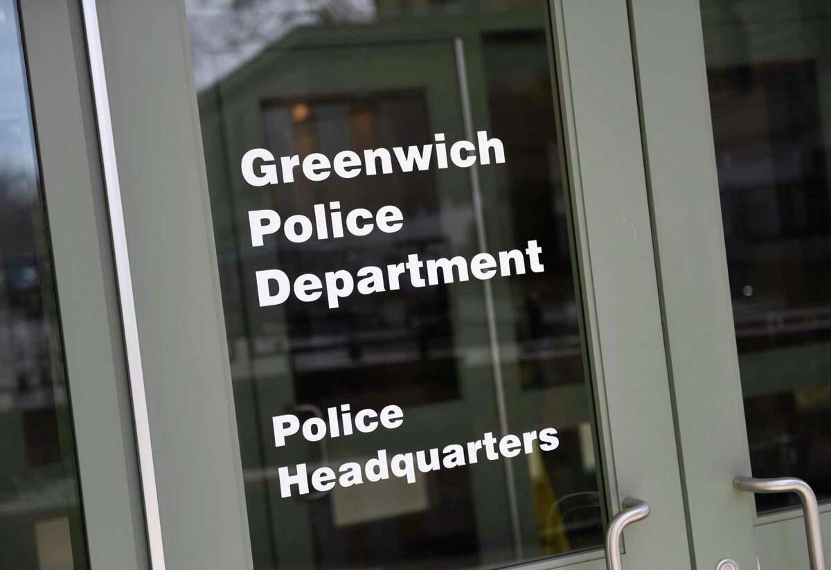 A sign indicates the Greenwich Police Department Headquarters inside the Public Safety Complex in Greenwich, Conn., photographed on Tuesday, April 2, 2019.