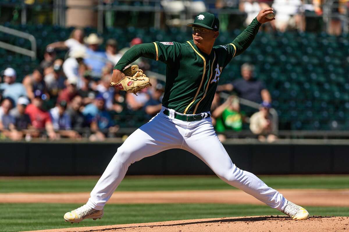 MESA, ARIZONA - MARCH 05: Jesus Luzardo #44 of the Oakland Athletics delivers a pitch during the spring training game against the Texas Rangers at HoHoKam Stadium on March 05, 2019 in Mesa, Arizona. ~~