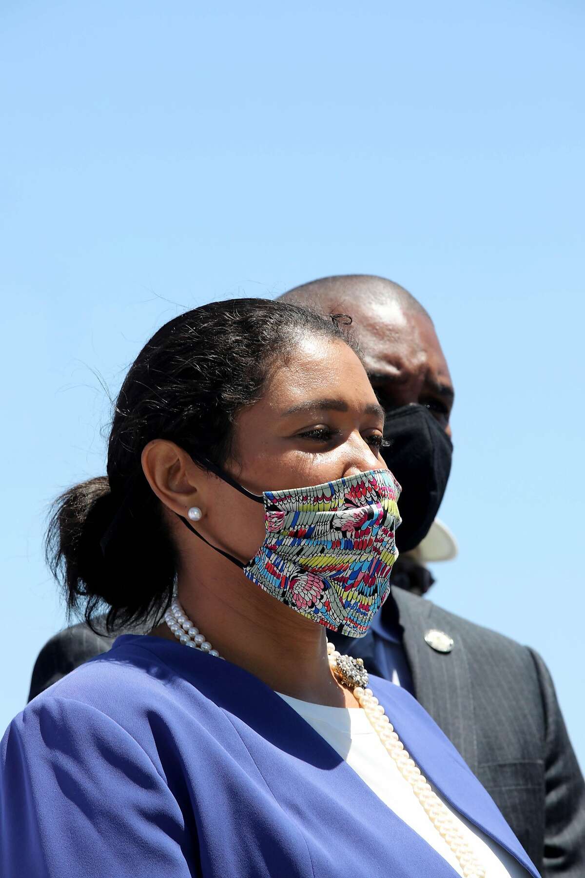 San Francisco Mayor London Breed attends a press conference at Agua Vista Park in San Francisco, Calif., on Tuesday, July 7, 2020.