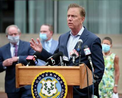 Gov. Ned Lamont speaks at a news conference outside of the Community Foundation for Greater New Haven on July 7, 2020.