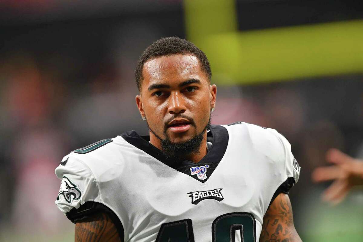 FILE - In this Sept. 15, 2019, file photo, Philadelphia Eagles wide receiver DeSean Jackson (10) warms up before an NFL football game against the Atlanta Falcons, in Atlanta.