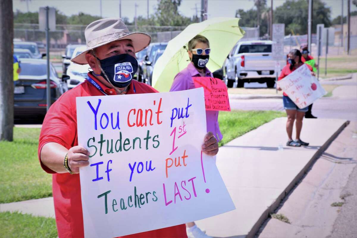 Teachers and members of the local chapter of the Texas State Teachers Association (TSTA/NEA) protested out the United ISD Administration offices where UISD board members were having a meeting Tuesday, July 7, 2020.