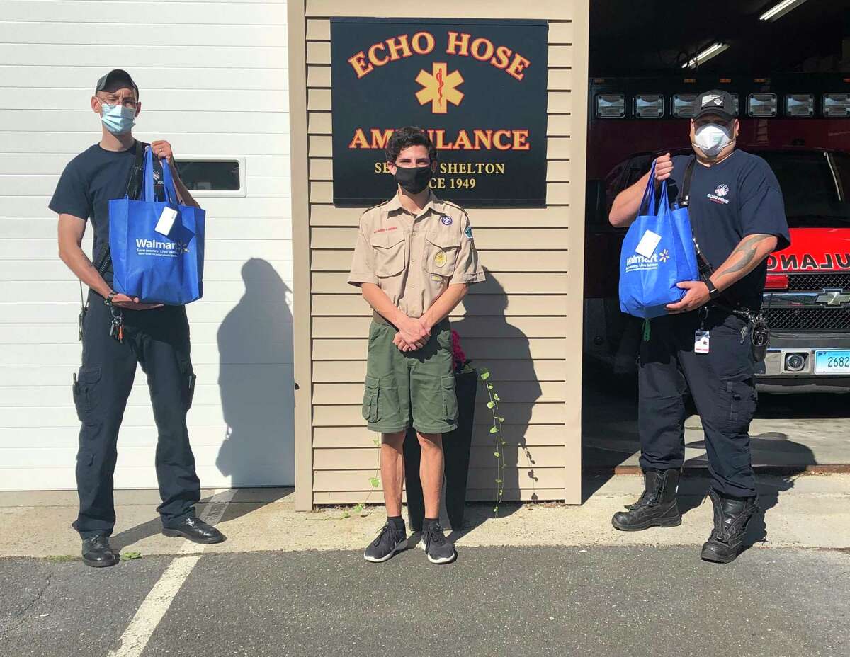 Shelton Troop 25 Scout member Joe Ciambriello recently delivered his first set of 50 care packages to the EMS first responders at Echo Hose Ambulance. Ciambriello will be collecting more items for the care packages during the Troop 25 can and bottle drive Saturday.