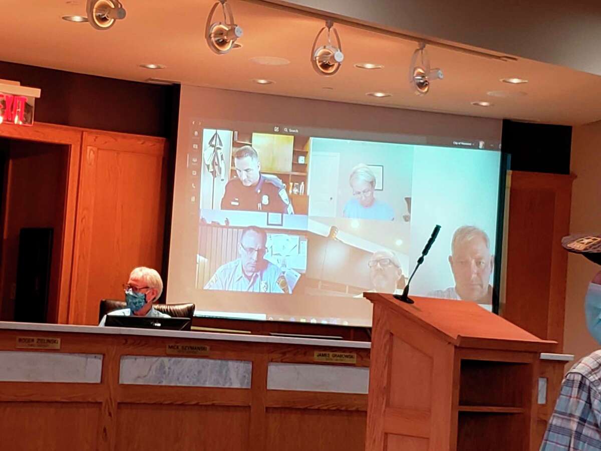 Most of the city staff members who typically attend Manistee City Council meetings were present via videoconference connections. Those city staff members were in attendance remotely as a way to give more seating for about 14 or 15 members of the public to attend as the seating was spaced 6 feet apart. (Arielle Breen/News Advocate)