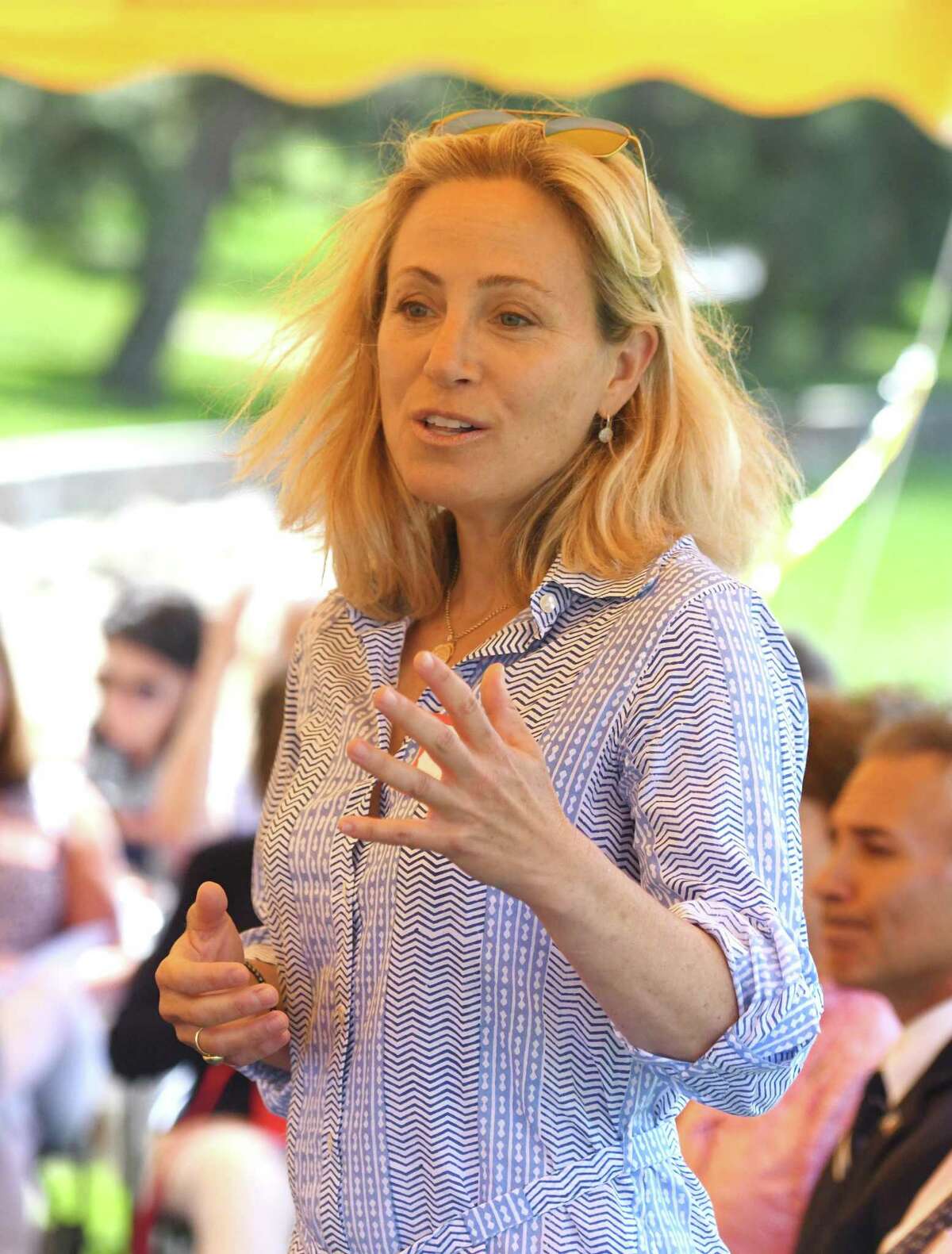 State Sen. Alex Kasser, D-Greenwich, speaks at the annual League of Women Voters legislative picnic last summer. The picnic is a league tradition but had to be done as a Zoom gathering on Wednesday due to the coronavirus pandemic.
