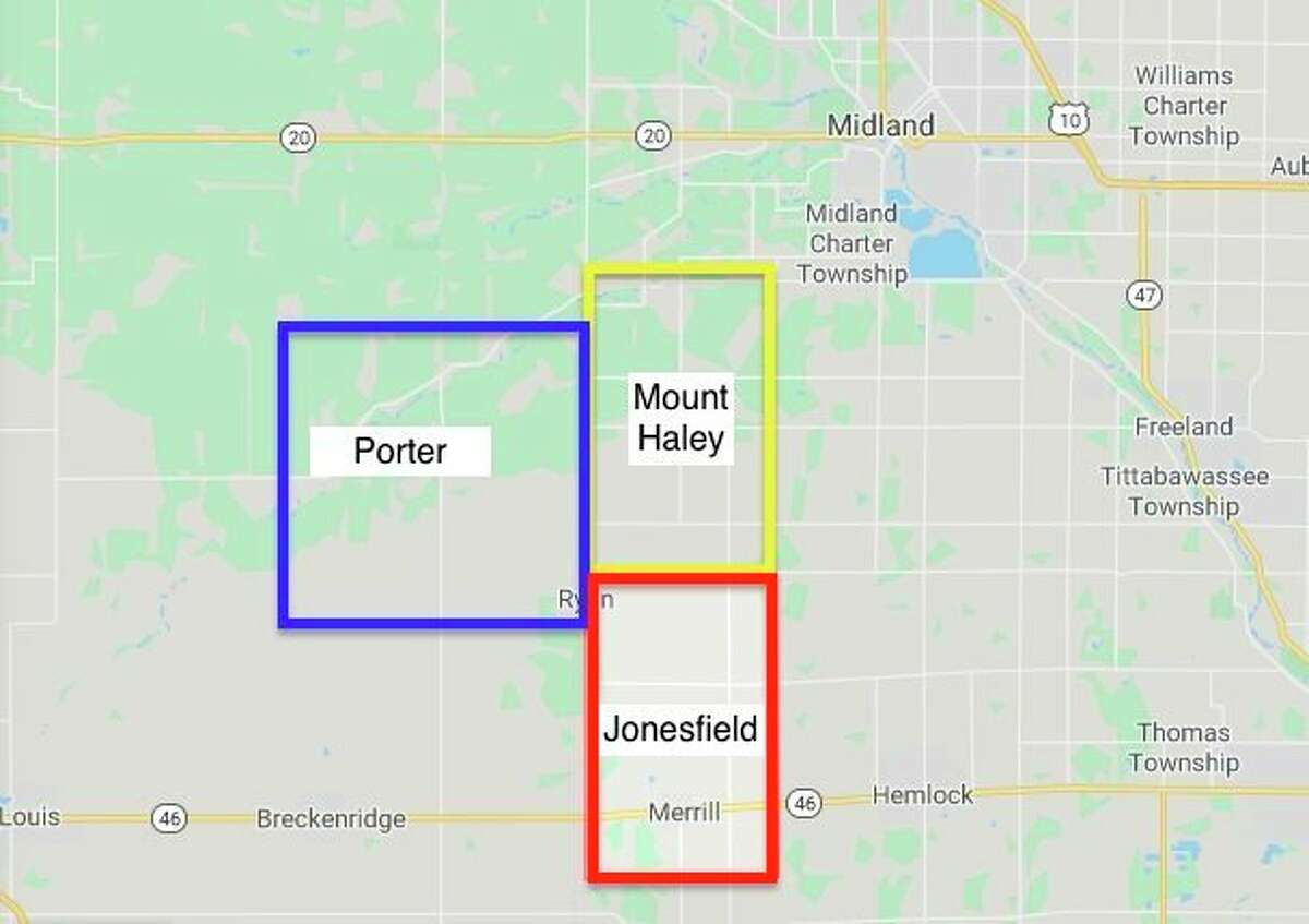 This map shows where the townships are located for DTE Energy's proposed Meridian Wind Park, which received approval from the Michigan Public Service Commission during a digital meeting on July 9, 2020. DTE officials say the next step is more communication with the townships sporting the turbines - Porter and Mount Haley in Midland County and Jonesfield in Saginaw County. (Daily News graphic/Michael Livingston)