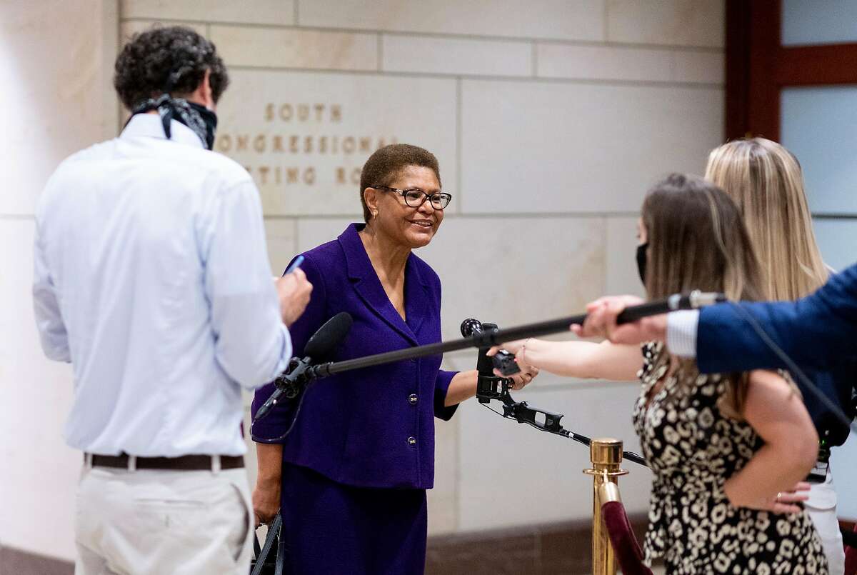 UNITED STATES - JUNE 10: Rep. Karen Bass, D-Calif., chair of the Congressional Black Caucus, speaks with reporters as she arrives for the House Judiciary Committee hearing on policing practices and law enforcement accountability on Wednesday, June 10, 2020. (Photo By Bill Clark/CQ-Roll Call, Inc via Getty Images)