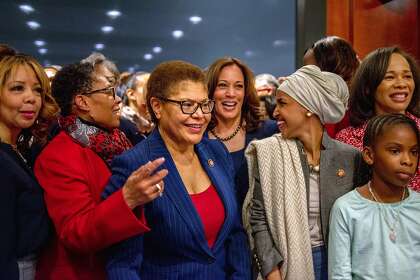 Rep. Karen Bass, D-Los Angeles (center), may be selected to be Joe Biden’s running mate in the Democratic presidential campaign.