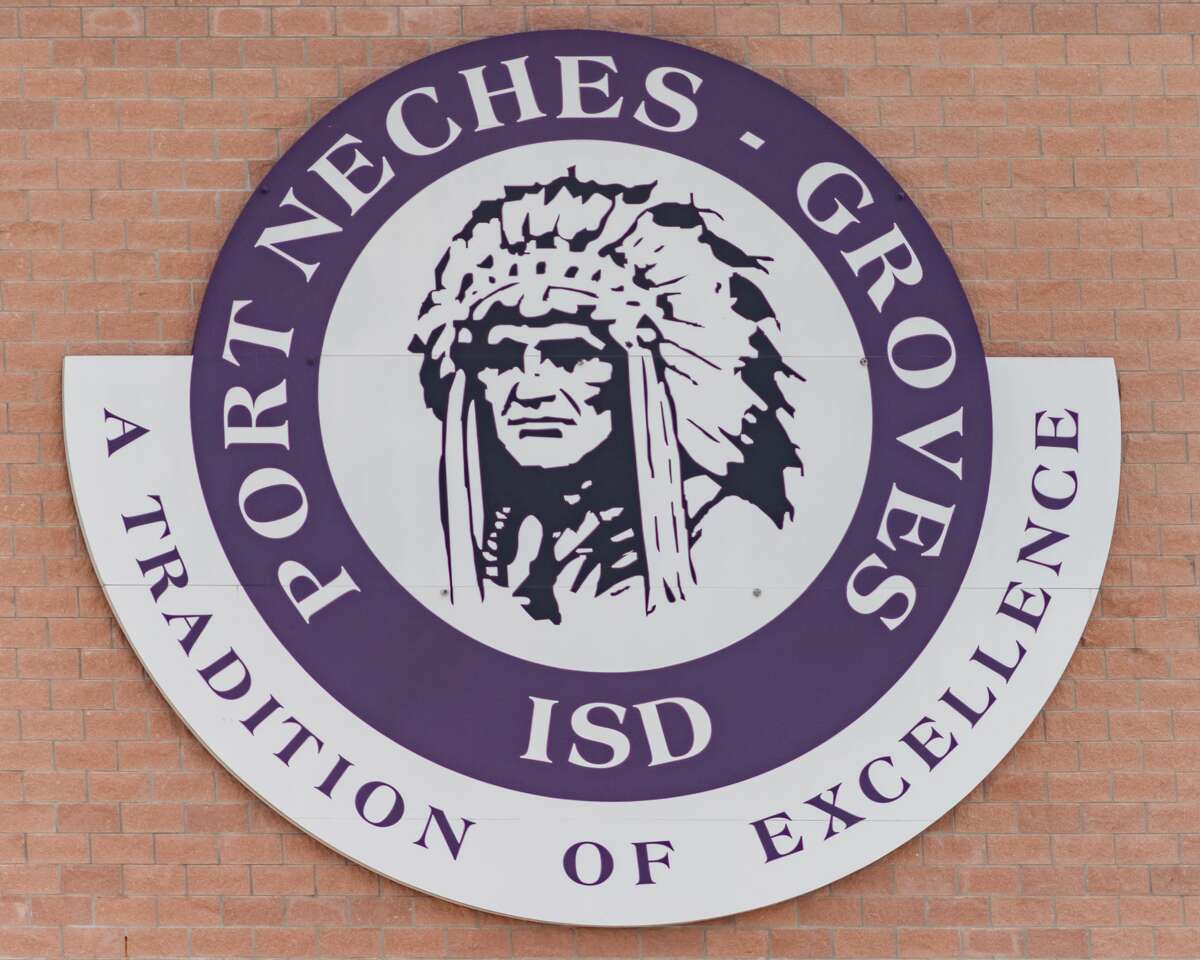 A sign on the outside of the Port Neches-Groves football stadium with the Indians mascot logo. Photo made on July 9, 2020. Fran Ruchalski/The Enterprise