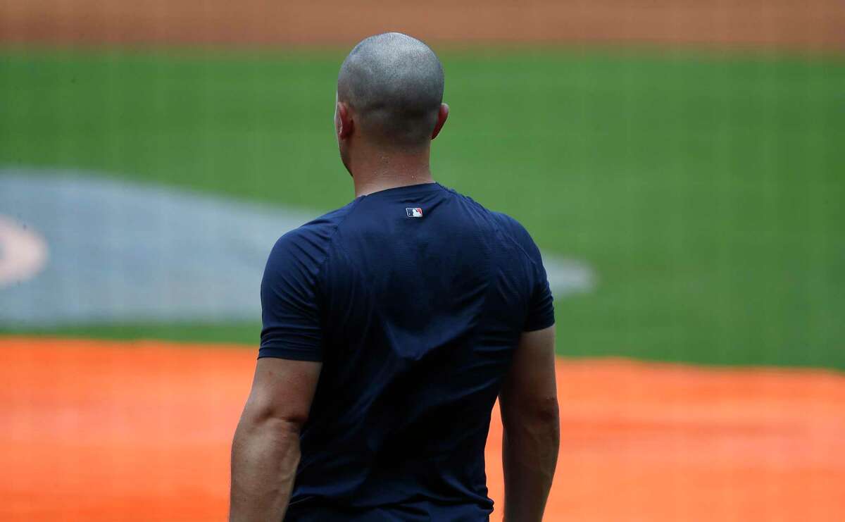 Houston Astros third baseman Alex Bregman's freshly shaved head during the Astros summer camp at Minute Maid Park, Thursday, July 9, 2020, in Houston.