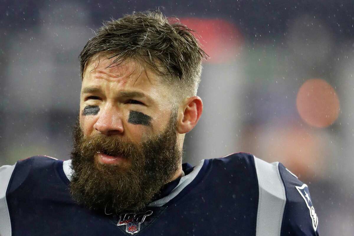 FILE - This is a Nov. 24, 2019, file photo showing New England Patriots wide receiver Julian Edelman during an NFL football game against the Dallas Cowboys at Gillette Stadium in Foxborough, Mass. Edelman said he hopes that recent anti-Semitic social media posts by Philadelphia Eagles receiver DeSean Jackson can be a teaching moment not just for him but others as well. In a video posted to Instagram Thursday, July 9, 2020, Edelman joined the Eagles, NFL and others who have condemned Jacksona€™s posts over the weekend.(AP Photo/Winslow Townson, File)