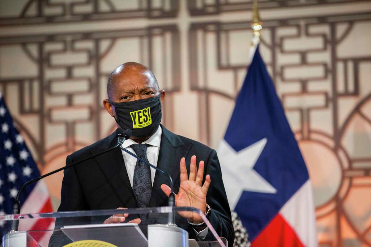 Houston Mayor Sylvester Turner, pictured at City Hall Thursday, July 9, 2020, has asked Houston’s postmaster to explain why officials at more than a dozen of the city’s 86 post offices have declined to accept and display multilingual voter registration materials.