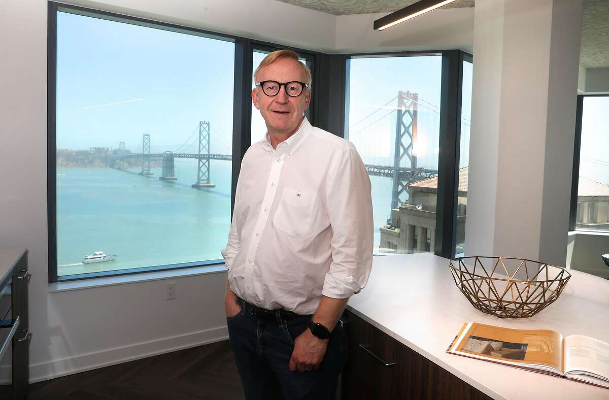 Tishman Speyer managing director Carl Shannon shows a kitchen at Jeannie Gang's tower Mira on Tuesday, June 30, 2020, in San Francisco, Calif.