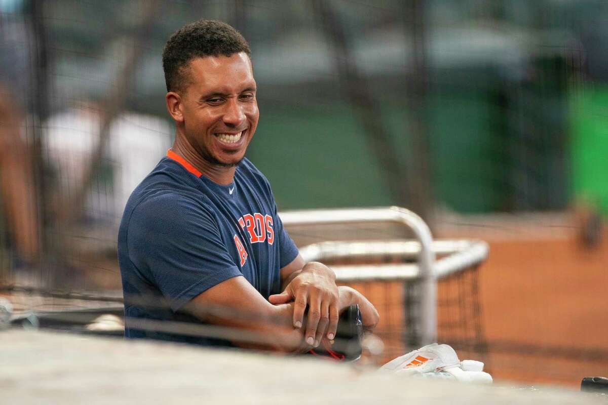 Houston Astros left fielder Michael Brantley (23) talks from the dugout during Astros summer training camp workout, Sunday, July 12, 2020, at Minute Maid Park in Houston.