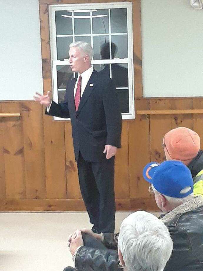 David X. Sullivan of New Fairfield speaks with members of the Goshen Republican Town Committee. Photo: Emily M. Olson / Hearst Connecticut Media
