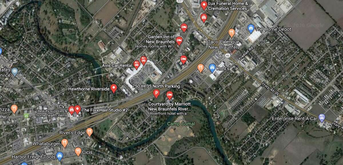 A two-car crash Saturday in New Braunfels killed a San Antonio man and sent a family of six to the hospital. The map shows the approximate location of the incident, the 600 block of North Business 35.
