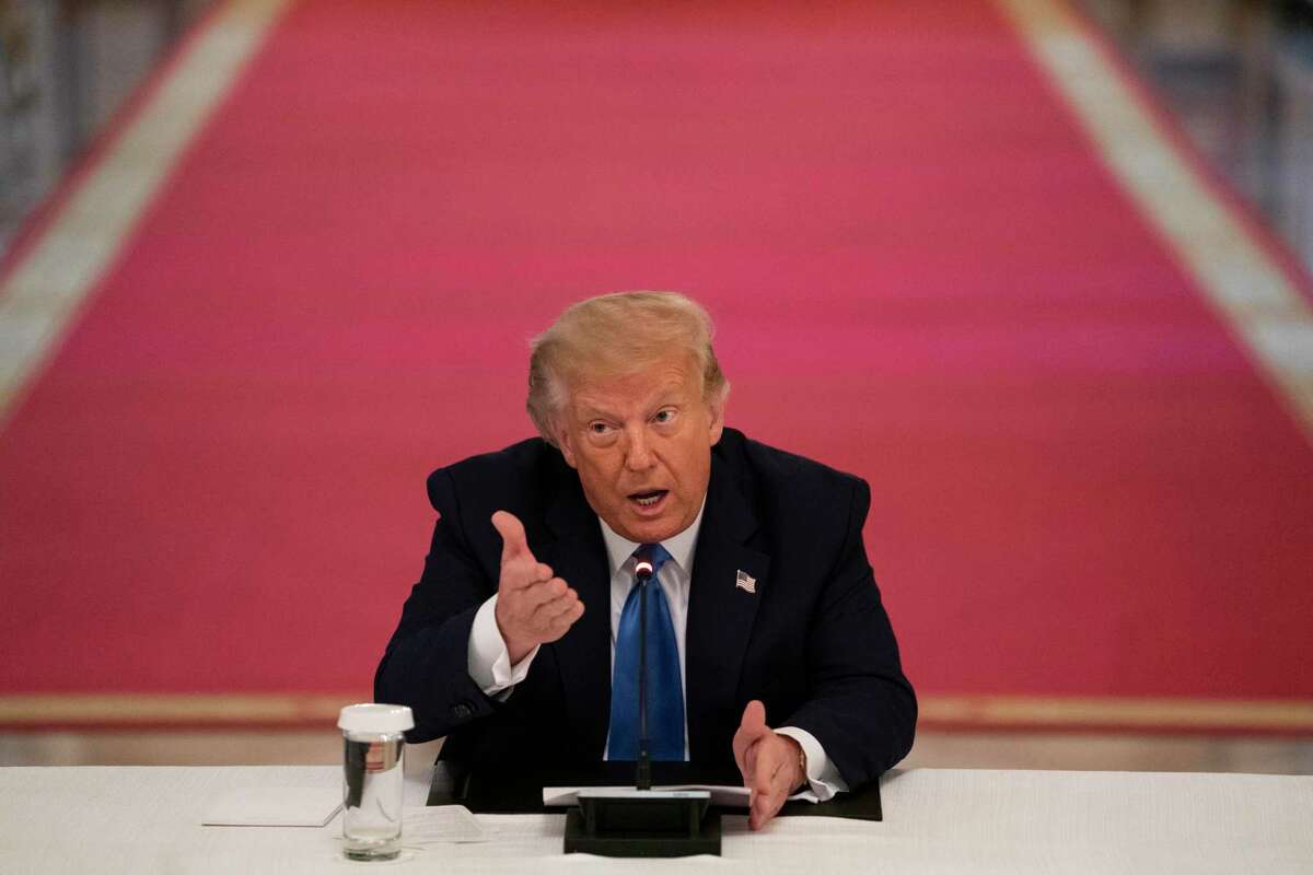 President Donald Trump speaks during roundtable with people positively impacted by law enforcement, Monday, July 13, 2020, in Washington. (AP Photo/Evan Vucci)