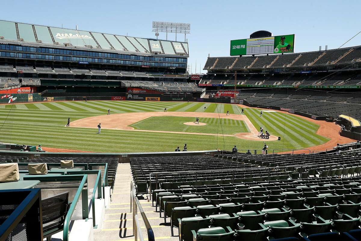 Oakland Athletics' plays simulated intrasquad game at Oakland Coliseum in Oakland, Calif., on Sunday, July 12, 2020.